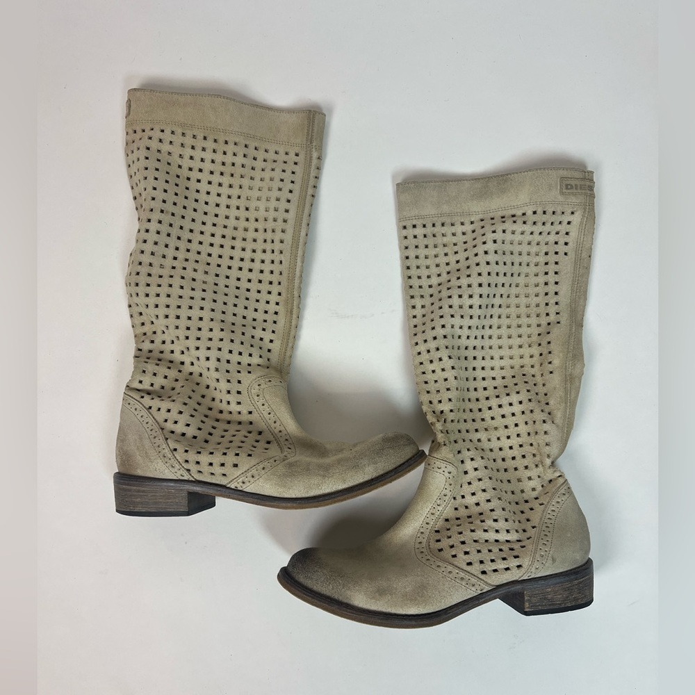 Vintage 2000s Tan/Ivory Diesel Unique Preforated Cowboy Boots Size EU 37